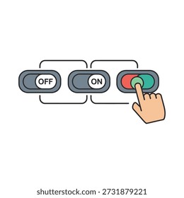 This vector illustration depicts a hand toggling between ON and OFF modes, symbolizing the action of enabling or disabling a feature. The image uses simple, clean lines and vibrant colors to convey the concept effectively.