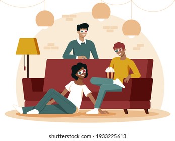 This vector illustration depicts happy best friends sitting on the couch eating popcorn and watching an interesting movie