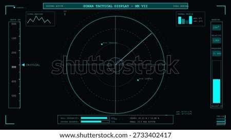 This vector illustration depicts a high-tech submarine tactical sonar display interface. The screen shows critical depth readings, velocity data.