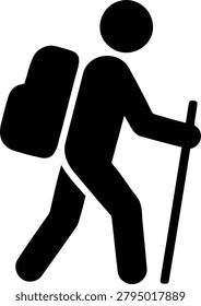 This vector illustration depicts a hiking silhouette with a backpack and walking stick, symbolizing outdoor adventure and exploration.