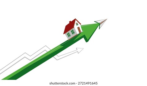 Esta Ilustración vectorial representa una casa colocada en una flecha que apunta hacia arriba, simbolizando el crecimiento y la tendencia positiva en el mercado inmobiliario. Representa el valor creciente de las viviendas,