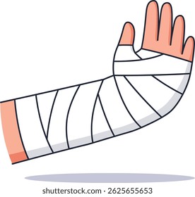 Esta ilustração vetorial retrata um braço humano envolto em ataduras médicas brancas, simbolizando lesão e recuperação em um estilo limpo e mínimo. O clima é calmo e tranquilizador.