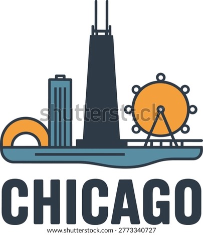 This vector illustration depicts the iconic Chicago skyline featuring famous landmarks like the Ferris wheel and tall skyscrapers. A simple design with a clean.
