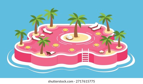 Esta ilustração vetorial representa uma vista isométrica de uma ilha tropical resort, apresentando uma piscina rosa vibrante cercada por palmeiras e lounges chaise, perfeito para férias de verão e relaxamento