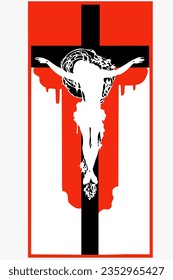 This vector illustration depicts Jesus Christ crucified on the cross, enveloped by olive branches symbolizing eternal life.