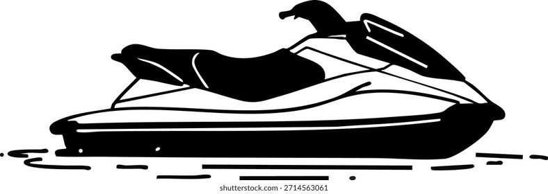 Esta Ilustración vectorial representa una moto acuática con líneas suaves flotando en el agua, ideal para actividades de ocio y deportivas. El diseño es minimalista y dinámico, evocando un sentido de aventura.