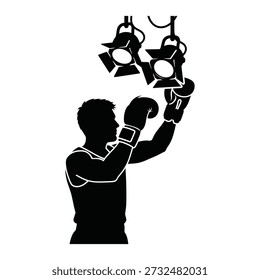 Esta Ilustración vectorial muestra a un técnico de iluminación ajustando las luces del escenario, destacando los aspectos técnicos de la producción teatral o de eventos.