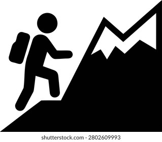 This vector illustration depicts a lone hiker ascending a rugged mountain, symbolizing determination and the pursuit of adventure and personal goals.
