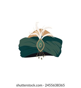 This vector illustration depicts a luxurious turban in dark green, accentuated with an ornate jewel and delicate feathers, symbolizing regal elegance.