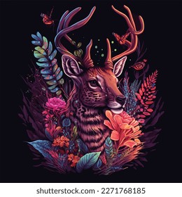 This vector illustration depicts a majestic deer in a serene watercolor style. The deer is positioned gracefully, with its head turned to the side and its antlers extending upwards. The soft brushstro