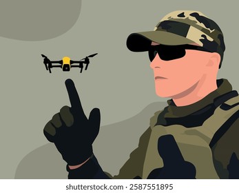 This vector illustration depicts a military operator in camouflage gear controlling a small tactical drone for surveillance and reconnaissance missions. The soldier, wearing gloves and sunglasses, poi