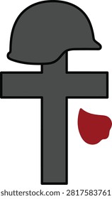 This vector illustration depicts a military helmet placed on top of a gray cross, accompanied by a red poppy, set against a white background.
