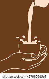 This vector illustration depicts milk being poured from a pitcher into a cup held by a hand, presented in a minimalist style with clean lines and a warm brown background. It's ideal for food-related concepts.