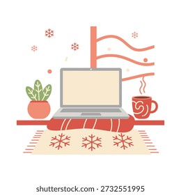 Esta Ilustración vectorial representa un espacio de trabajo doméstico minimalista y acogedor con un suave telón de fondo invernal. Realizado en un estilo de Vector plano, la obra de arte utiliza una paleta cálida y armoniosa de rojo terracota, melocotón y crema, capturando el confort y el enfoque de un entorno de trabajo remoto moderno.
