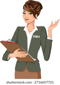 Esta Ilustración vectorial representa a una joven empresaria moderna identificada como REALTOR, presentándose de una manera profesional y segura. Está vestida con un elegante blazer verde y sostiene un Portapapeles con un documento firmado, que simboliza transacciones inmobiliarias, contratos o Acuerdos comerciales. Su cabello está perfectamente peinado en un recogido, y su postura sugiere que está explicando o presentando información importante. La ilustración es adecuada para el Uso comercial y es ideal para el marketing inmobiliario, presentaciones corporativas, Sitios web de negocios y materiales de marca profesional.