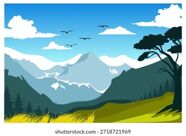 Esta Ilustración vectorial representa un paisaje montañoso natural en un estilo minimalista. La Imagen presenta una composición ordenada en capas. El primer plano presenta hierba verde y amarilla detallada, así como pinos y un árbol de silueta oscura y Grande a la derecha, que da profundidad a la Imagen. En el medio, una serie de colinas y montañas de color verde azulado con algunos acentos blancos que se asemejan a la nieve o el hielo en sus picos dominan el horizonte y el fondo es un cielo azul brillante salpicado con algunas nubes blancas y siluetas de aves voladoras, lo que implica una atmósfera pacífica y serena.