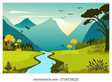 Esta Ilustración vectorial representa un paisaje montañoso natural en un estilo minimalista. La Imagen presenta una composición limpia y en capas. El primer plano presenta una detallada hierba verde y amarilla. Un río o arroyo azul claro serpentea a través del prado hacia el fondo, mientras que los pinos y un solo árbol de silueta oscura a la derecha proporcionan profundidad a la Imagen. En el medio, una serie de colinas y picos dominan el horizonte, y el fondo es un cielo azul brillante salpicado con algunas nubes blancas y las siluetas de aves en vuelo, lo que sugiere una atmósfera pacífica y tranquila.