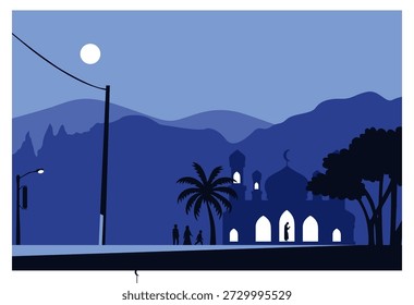 
Esta Ilustración vectorial representa una escena nocturna en lo que parece ser un entorno suburbano o rural, con una paleta de colores azul monocromático que crea una atmósfera tranquila y pacífica. Siluetas de montañas en capas dominan el horizonte, acentuadas por una luna llena redonda en el cielo. Una mezquita con su distintiva cúpula y minarete aparece en el fondo central, con una luz cálida que brilla desde sus ventanas. Varias palmeras y otros árboles sombreados proporcionan un elemento natural. Se ven varias siluetas de personas, incluida una familia, caminando cerca de la mezquita, tal vez dirigiéndose o regresando de las oraciones de la noche. Un poste de electricidad alto y una farola encendida a la izquierda proporcionan contexto para el entorno habitado.
El diseño minimalista y plano de la ilustración es adecuado para su uso en tarjetas de felicitación, contenido digital de Ramadán o materiales educativos islámicos.