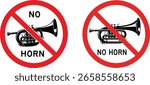This vector illustration depicts a no horn sign, indicating a zone where the use of horns is prohibited to reduce noise pollution and maintain a quiet environment. It is a clear warning.