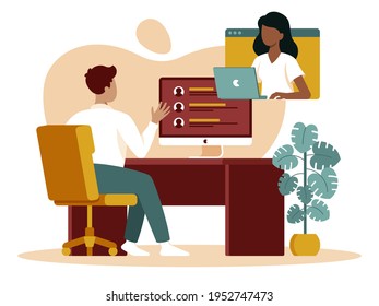 This vector illustration depicts an online interview, young man chatting to an employer via video chat 