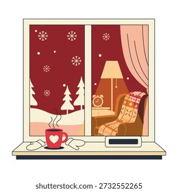 Diese Vektorgrafik zeigt eine friedliche, spaltende Winterszene durch ein großes Fenster, die ein kaltes, schneebedecktes Äußeres mit einem warmen und einladenden Interieur kontrastiert. Mit einer harmonischen Palette aus tiefrotem, cremefarbenem und schokoladenbraunem Hintergrund vermittelt das Kunstwerk Komfort, Gemütlichkeit und saisonalen Charme in einem minimalistischen, flachen Vektorstil.