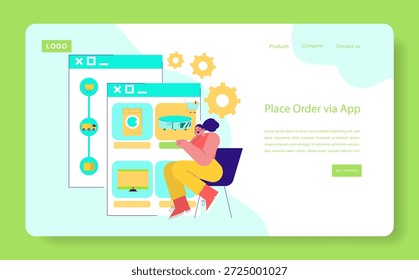 This vector illustration depicts a person interacting with an app interface for online shopping. Various products, including electronics and appliances, are shown, emphasizing digital commerce.