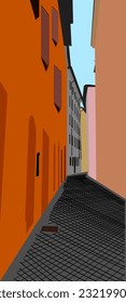 This vector illustration depicts a picturesque traditional narrow street in Italy. The street is lined with houses with brightly colored facades.