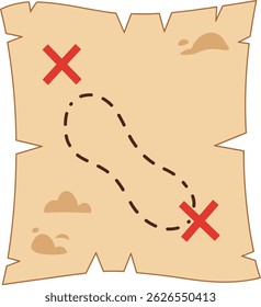 This vector illustration depicts a pirate treasure map featuring two red X marks connected by a dotted line path on aged parchment. The style is simple and playful, inspiring adventure and curiosity.