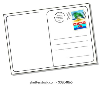 	 This vector illustration depicts a postcard. The pictures are painted a tropical island and a red fish