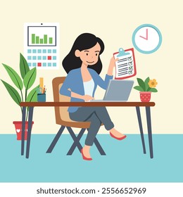 This vector illustration depicts a professional businesswoman or secretary working diligently at her desk. She is focused on her laptop and surrounded by paperwork, conveying a sense of productivity