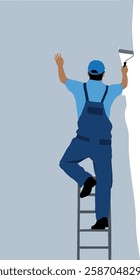 This vector illustration depicts a professional painter standing on a ladder while painting a wall with a roller. Wearing blue overalls and a cap, the worker carefully applies a fresh coat of paint. T