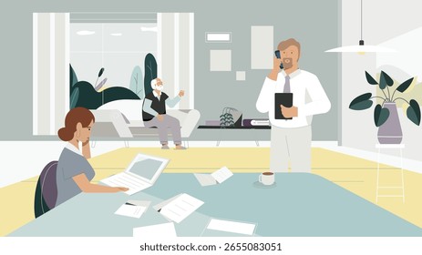 This vector illustration depicts a professional meeting in a modern, cozy office setting. Three individuals are engaged in discussion—one on the phone