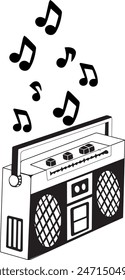 This vector illustration depicts a retro boombox silhouette in black and white. The boombox features classic design elements such as a handle, control knobs, dual speakers with a grid pattern