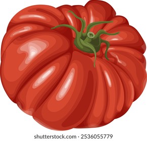 Esta ilustração vetorial retrata um tomate maduro e vermelho com detalhes do tronco verde, mostrando sua superfície lisa e brilhante e rica cor.