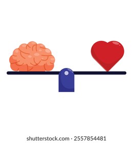 This vector illustration depicts a seesaw balancing a heart and a brain, symbolizing the struggle between logic and emotion
