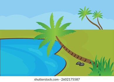This vector illustration depicts a serene tropical landscape with a tranquil waterbody, lush greenery, and gracefully swaying palm trees.