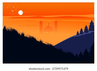 
This vector illustration depicts a serene and peaceful Islamic landscape at dusk or dawn, focusing on the silhouette of a mosque against a bright, dazzling orange sky. The foreground consists of dark, grassy hills and a few pine trees, creating a sharp contrast to the sky. In the distance, the silhouette of a majestic mosque with its dome and two minarets is clearly visible, serving as the spiritual centerpiece of the natural landscape. The sky is adorned with a bright sun or full moon, a small crescent moon above the mosque, and a few twinkling stars, adding to the magical and religious atmosphere.
The flat design aesthetic and limited color palette, rich in shades of orange, navy, and black, create a modern yet solemn feel, ideal for materials related to Islamic celebrations or events such as Ramadan and Eid al-Fitr.