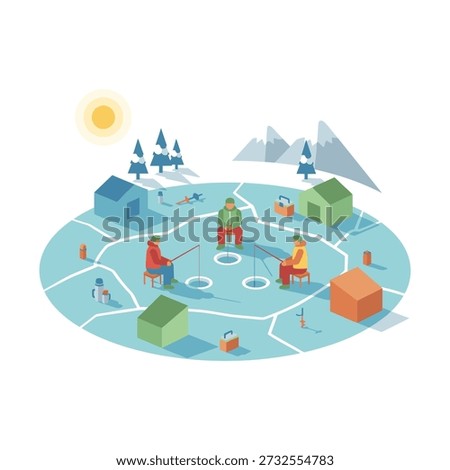 This vector illustration depicts a serene winter afternoon spent ice fishing, shown from an elevated isometric perspective. The scene is contained within a circular frozen pond, giving it the appearance of a miniature winter world. Designed in a clean flat-vector style with crisp outlines and bold, cheerful colors, it perfectly captures the calm and focus of this classic winter pastime.