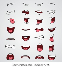 This vector illustration depicts a set of lips in different positions, demonstrating a range of lip movements for lip-syncing purposes. 