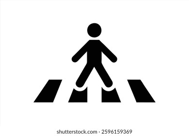 This vector illustration depicts a simple black pedestrian symbol walking on crosswalk lines. It represents the importance of pedestrian safety in urban environments.