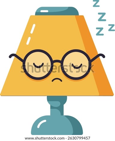 This vector illustration depicts a sleeping desk lamp with round glasses and closed eyes, emitting zzz symbols to indicate tiredness or sleepiness in a cute cartoon style. Calm mood.