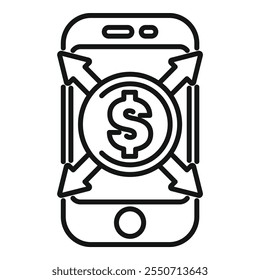 This vector illustration depicts a smartphone with a dollar sign and arrows, symbolizing mobile payment and money transfer