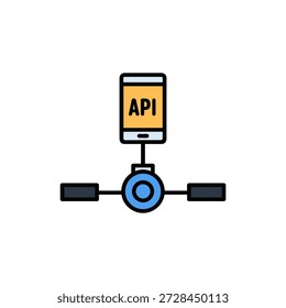 This vector illustration depicts a smartphone with an API interface, connected to two devices through a network. Ideal for showcasing connectivity and data exchange in digital and tech contexts.