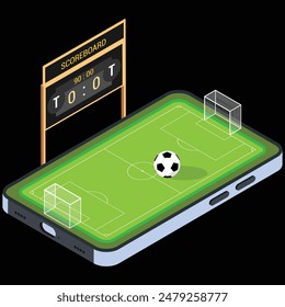 This vector illustration depicts a soccer field displayed on the smartphone screen. A soccer ball sits beside the phone on the green field. The scoreboard shows the game time remaining.