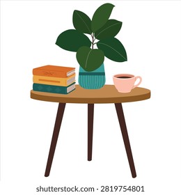 This vector illustration depicts a stack of books, a potted plant, and a coffee cup arranged on a round side table.