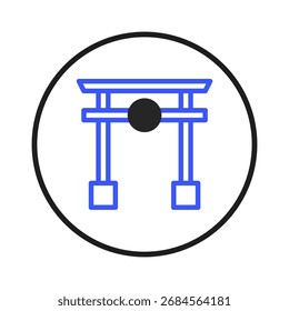 Esta ilustração vetorial representa um portão torii estilizado, um símbolo japonês tradicional, renderizado com linhas limpas e formas geométricas. Encaixado em um círculo, o design minimalista evoca uma sensação de