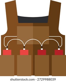 Esta Ilustración vectorial representa un chaleco táctico o a prueba de balas estilizado con múltiples bolsas delanteras conectadas por líneas blancas a un punto central, lo que sugiere un explosivo ficticio o un dispositivo con cable. Diseñado como un ícono o elemento gráfico en lugar de un objeto del mundo real, se usa comúnmente en medios de comunicación, juegos, películas o diseños conceptuales relacionados con la seguridad, el peligro o la narración de historias con temas de crimen.