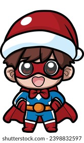 This vector illustration depicts a superhero in a Santa hat and mask, smiling and happy, anticipating Christmas. It is suitable for use on stickers and icons.