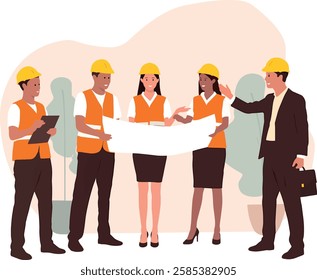 This vector illustration depicts a team of construction professionals collaborating on a project. Engineers and architects, wearing safety helmets and reflective vests, are reviewing blueprints while 