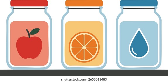 Esta Ilustración vectorial representa tres frascos con íconos de manzana, naranja y agua en un estante, que representan la fruta y la hidratación en un estilo plano limpio. Sentimiento alegre.